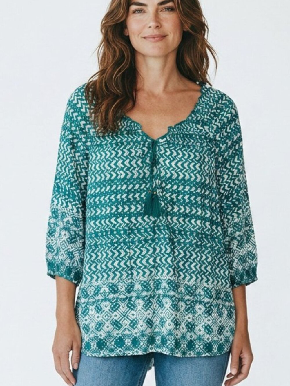 Teal White Tassle Peasant Top 3/4 Sleeve Rayon Tunic Blouse Women's 2X 18-20